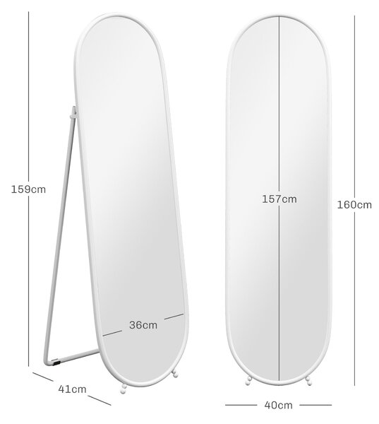 HOMCOM Zrcadlo na celé tělo, 160 x 40 cm Nástěnné zrcadlo se stojanem, Kovový rám, Oválné podlahové zrcadlo do obývacího pokoje, ložnice, Bílá | Aosom
