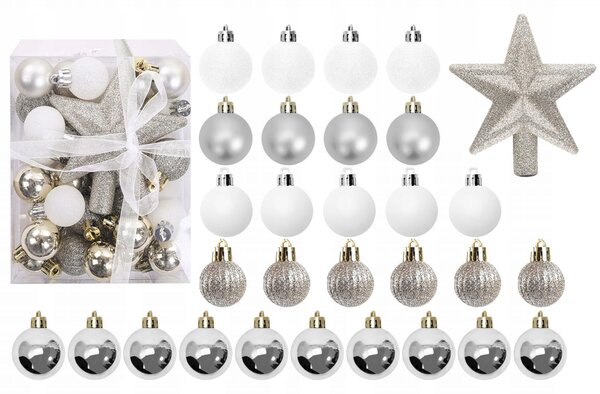 Vánoční závěsné baňky na stromeček - 5 druhů - 29 ks - stříbrné