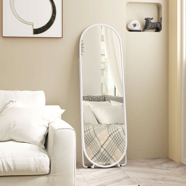 HOMCOM Zrcadlo na celé tělo, 160 x 40 cm Nástěnné zrcadlo se stojanem, Kovový rám, Oválné podlahové zrcadlo do obývacího pokoje, ložnice, Bílá | Aosom