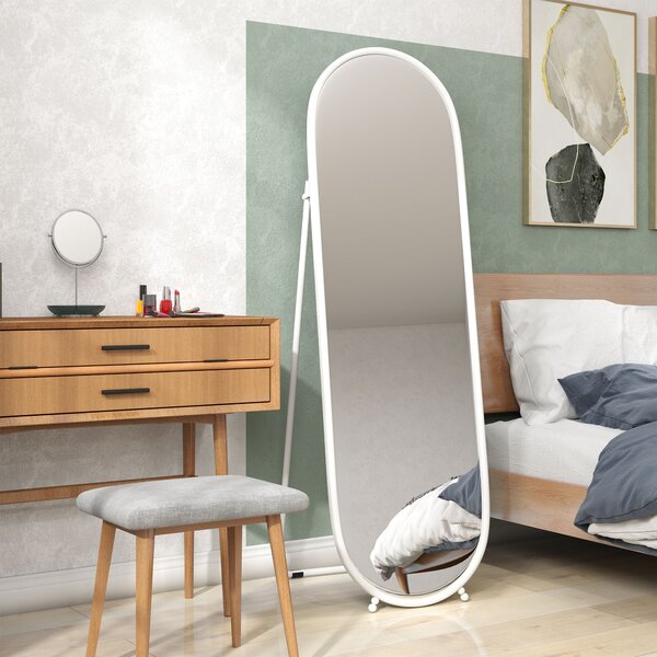 HOMCOM Zrcadlo na celé tělo, 160 x 40 cm Nástěnné zrcadlo se stojanem, Kovový rám, Oválné podlahové zrcadlo do obývacího pokoje, ložnice, Bílá | Aosom