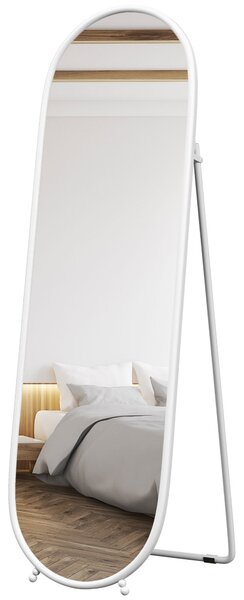 HOMCOM Zrcadlo na celé tělo, 160 x 40 cm Nástěnné zrcadlo se stojanem, Kovový rám, Oválné podlahové zrcadlo do obývacího pokoje, ložnice, Bílá | Aosom