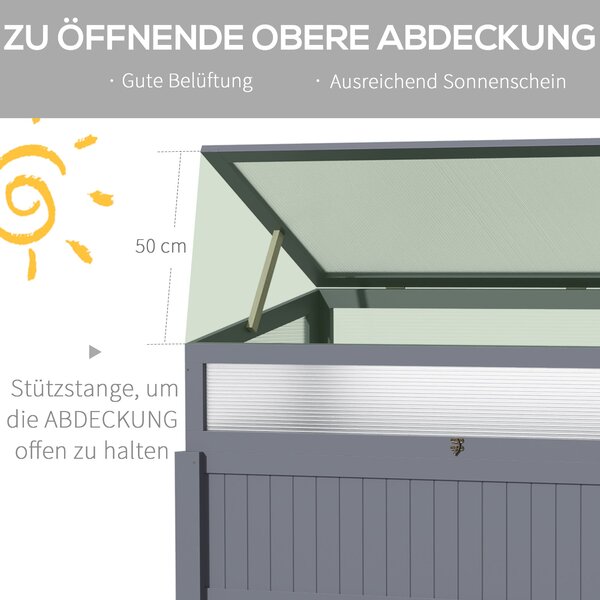 Outsunny Dřevěný Zahradní Záhon s Krytem 2-v-1 Skleník pro Rajčata Zeleninový Záhon Bylinkový Záhon na Balkon a Terasu Polykarbonát Šedý 120 x 54 x 11