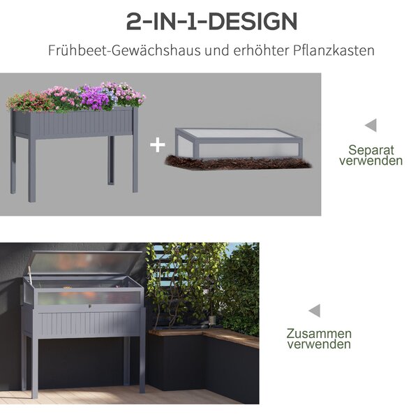 Outsunny Dřevěný Zahradní Záhon s Krytem 2-v-1 Skleník pro Rajčata Zeleninový Záhon Bylinkový Záhon na Balkon a Terasu Polykarbonát Šedý 120 x 54 x 11