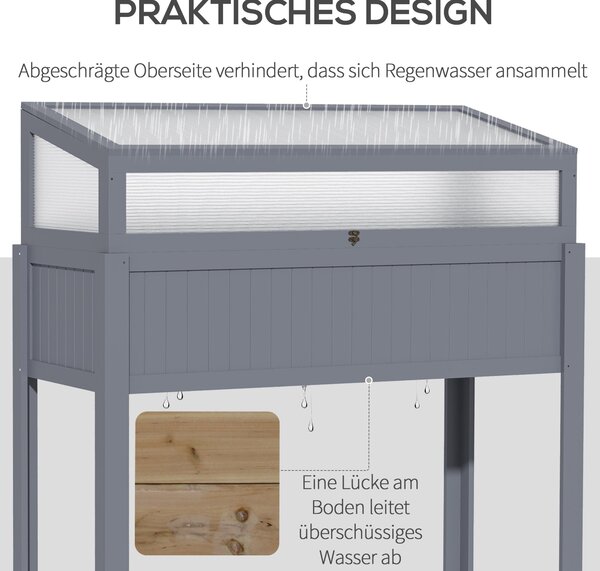 Outsunny Dřevěný Zahradní Záhon s Krytem 2-v-1 Skleník pro Rajčata Zeleninový Záhon Bylinkový Záhon na Balkon a Terasu Polykarbonát Šedý 120 x 54 x 11