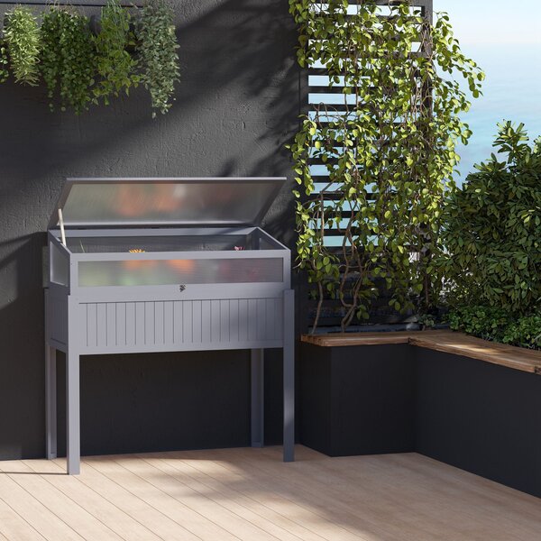 Outsunny Dřevěný Zahradní Záhon s Krytem 2-v-1 Skleník pro Rajčata Zeleninový Záhon Bylinkový Záhon na Balkon a Terasu Polykarbonát Šedý 120 x 54 x 11