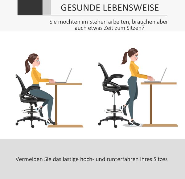 Vinsetto Ergonomická kancelářská židle s výklopnými opěrkami a nastavitelným kruhem pro nohy, výškově nastavitelná otočná židle s funkcí naklonění, sí