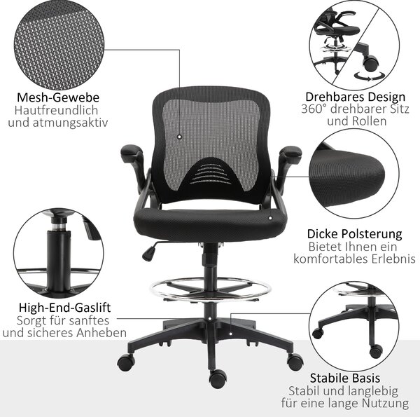 Vinsetto Ergonomická kancelářská židle s výklopnými opěrkami a nastavitelným kruhem pro nohy, výškově nastavitelná otočná židle s funkcí naklonění, sí