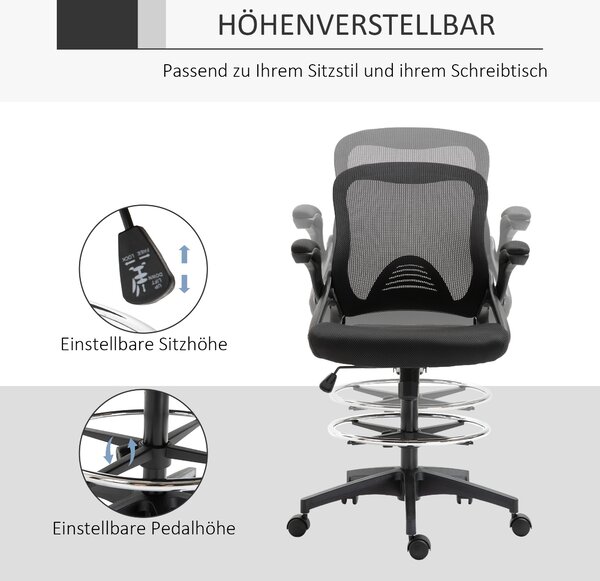 Vinsetto Ergonomická kancelářská židle s výklopnými opěrkami a nastavitelným kruhem pro nohy, výškově nastavitelná otočná židle s funkcí naklonění, sí