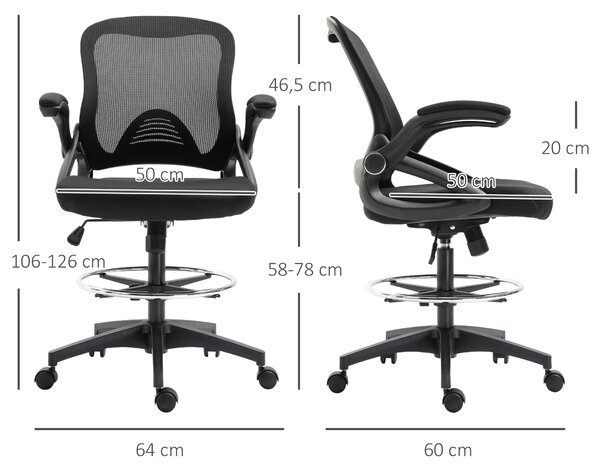 Vinsetto Ergonomická kancelářská židle s výklopnými opěrkami a nastavitelným kruhem pro nohy, výškově nastavitelná otočná židle s funkcí naklonění, sí