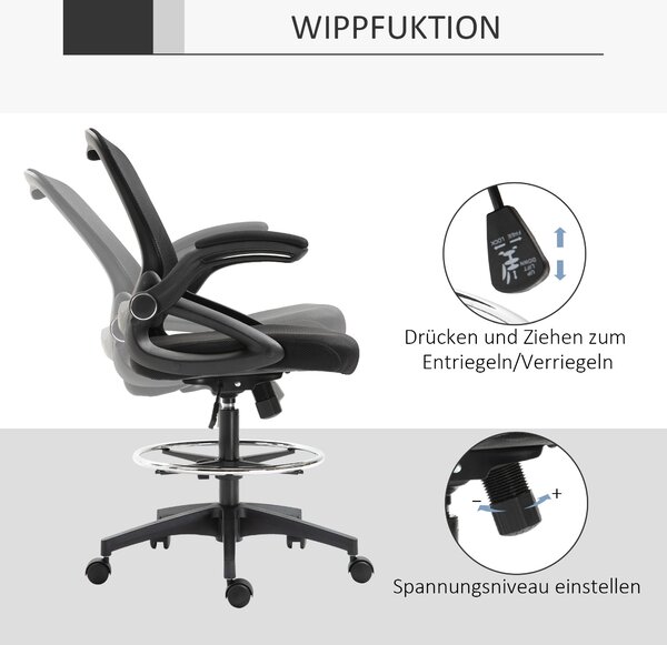 Vinsetto Ergonomická kancelářská židle s výklopnými opěrkami a nastavitelným kruhem pro nohy, výškově nastavitelná otočná židle s funkcí naklonění, sí