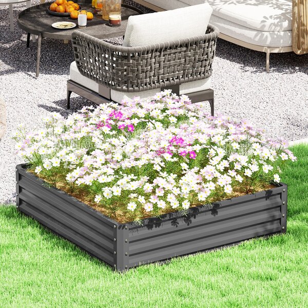 Zvýšený zahradní záhon Outsunny, truhlík, zeleninový truhlík, bylinková zahrádka pro zahradu, terasu, balkon, ocel, světle šedá, 120 x 120 x 30 cm | A
