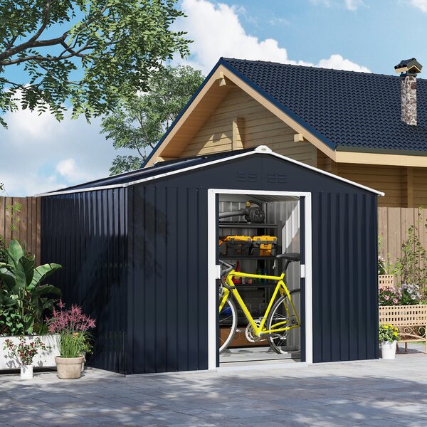 Skl storage shed Outsunny 4,9 m², zahradní kůlna s pultovou střechou, posuvné dveře, základna, 277 x 195 x 192 cm, kůlna na nářadí z pozinkované oceli
