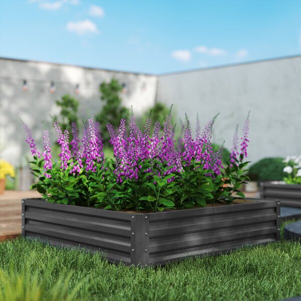 Zvýšený zahradní záhon Outsunny, truhlík, zeleninový truhlík, bylinková zahrádka pro zahradu, terasu, balkon, ocel, světle šedá, 120 x 120 x 30 cm | A