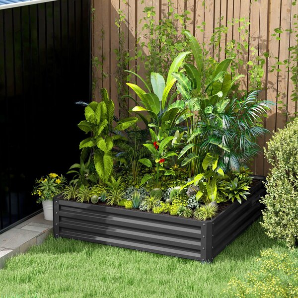 Zvýšený zahradní záhon Outsunny, truhlík, zeleninový truhlík, bylinková zahrádka pro zahradu, terasu, balkon, ocel, světle šedá, 120 x 120 x 30 cm | A