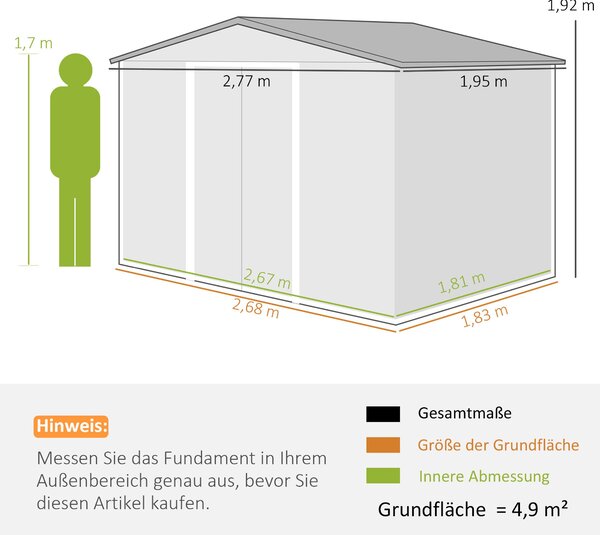 Outsunny Kůlna na Nářadí 4,9 m², Zahradní Kůlna s Pultovou Střechou, Posuvné Dveře, Základna, 277 x 195 x 192 cm, Kůlna z Pozinkované Oceli, Odolná pr