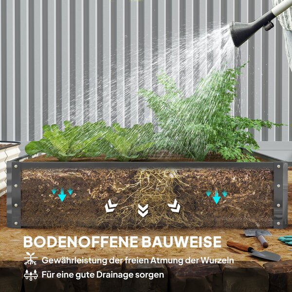 Zvýšený zahradní záhon Outsunny, truhlík, zeleninový truhlík, bylinková zahrádka pro zahradu, terasu, balkon, ocel, světle šedá, 120 x 120 x 30 cm | A