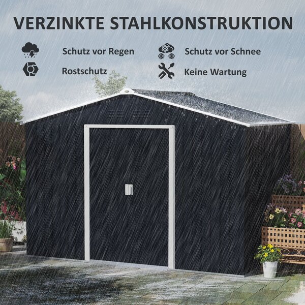 Skl storage shed Outsunny 4,9 m², zahradní kůlna s pultovou střechou, posuvné dveře, základna, 277 x 195 x 192 cm, kůlna na nářadí z pozinkované oceli