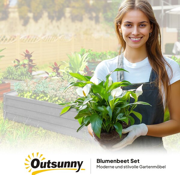 Zvýšený zahradní záhon Outsunny, truhlík, zeleninový truhlík, bylinková zahrádka pro zahradu, terasu, balkon, ocel, světle šedá, 120 x 120 x 30 cm | A