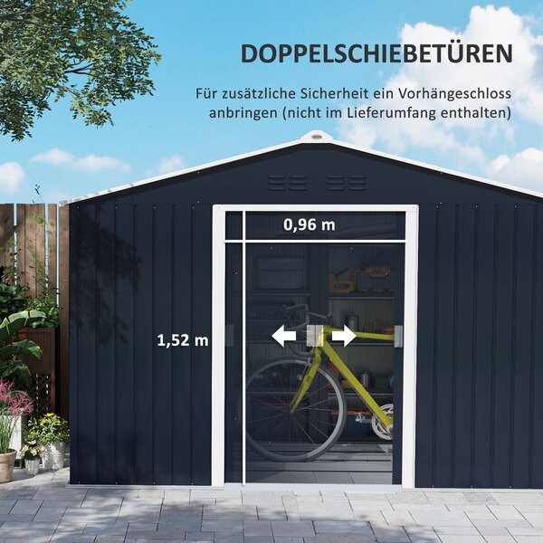 Skl storage shed Outsunny 4,9 m², zahradní kůlna s pultovou střechou, posuvné dveře, základna, 277 x 195 x 192 cm, kůlna na nářadí z pozinkované oceli