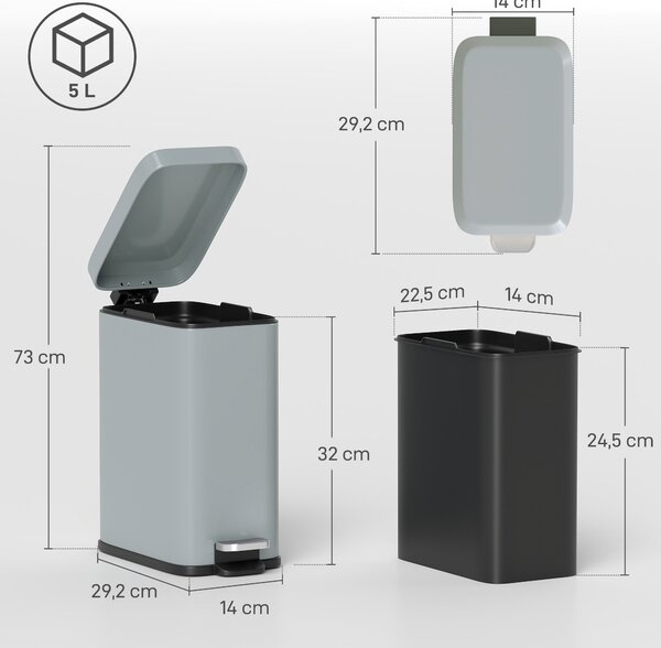 HOMCOM Koš na odpadky 5L s tichým zavíráním a pedálem, koš včetně vnitřního kontejneru, kosmetický koš pro obývací pokoj, kancelář, kov, šedá, 29,2 x