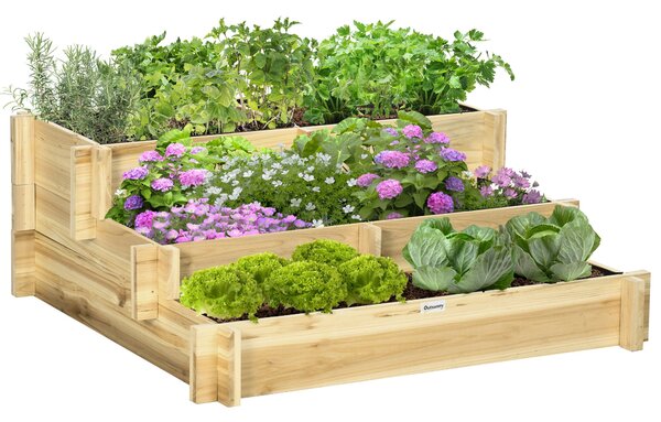 Zvýšený zahradní záhon Outsunny, dřevěný, tři úrovně, skleník s textilním podložením, květinový box na zeleninu 93x93x35 cm pro balkon, zahradu, truhl