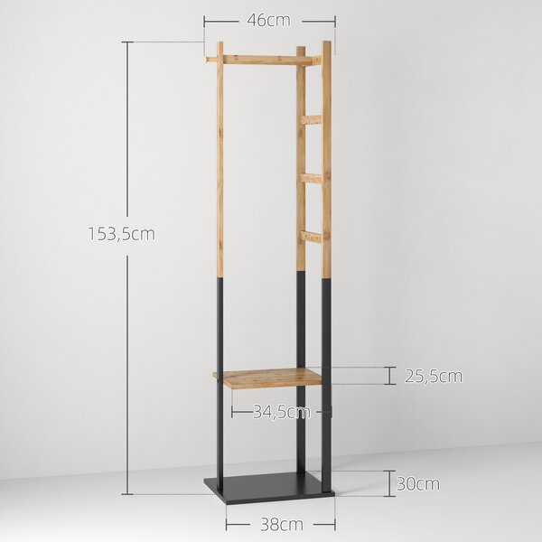 HOMCOM Bambusový stojan na oblečení, dřevěný šatník se tyčí, policemi, háčky, 4 bočními tyčemi rozměry 46Š x 28,5H x 153,5V cm | Aosom