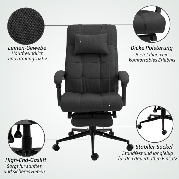 Ergonomická kancelářská židle Vinsetto s nastavitelným opěradlem, hlavovou opěrkou, opěrkami na ruce a výškově nastavitelná otočná židle s podnožkou -