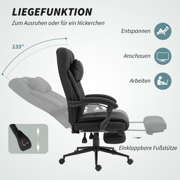 Ergonomická kancelářská židle Vinsetto s nastavitelným opěradlem, hlavovou opěrkou, opěrkami na ruce a výškově nastavitelná otočná židle s podnožkou -