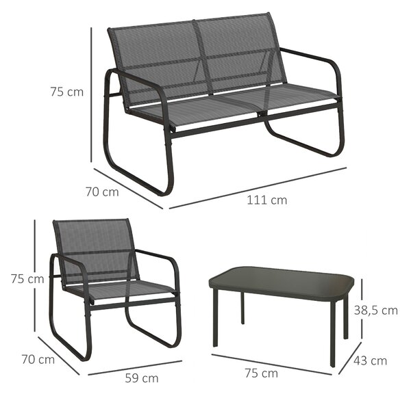 Outsunny Zahradní nábytek set 4 ks, Sada zahradního nábytku se 1 dvoumístnou pohovkou, 2 křesly a 1 konferenčním stolkem, Sada sedacího nábytku na bal