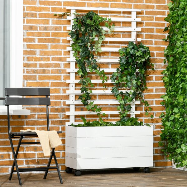 Zahradní květinový box s mřížkou Outsunny, květinový box na kolečkách, vyvýšený záhon pro popínavé rostliny, zahrada, přírodní dřevo, bílý, 76 x 30 x
