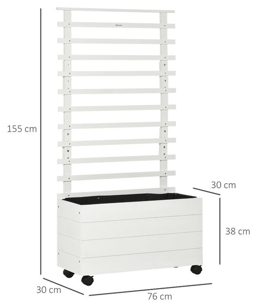 Zahradní květinový box s mřížkou Outsunny, květinový box na kolečkách, vyvýšený záhon pro popínavé rostliny, zahrada, přírodní dřevo, bílý, 76 x 30 x