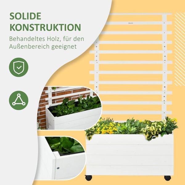Zahradní květinový box s mřížkou Outsunny, květinový box na kolečkách, vyvýšený záhon pro popínavé rostliny, zahrada, přírodní dřevo, bílý, 76 x 30 x