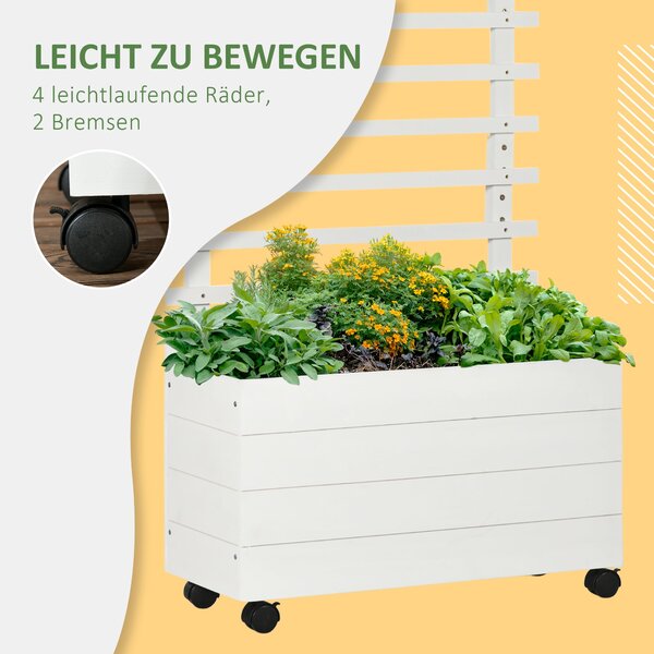 Zahradní květinový box s mřížkou Outsunny, květinový box na kolečkách, vyvýšený záhon pro popínavé rostliny, zahrada, přírodní dřevo, bílý, 76 x 30 x