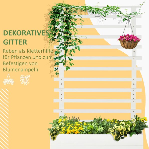 Zahradní květinový box s mřížkou Outsunny, květinový box na kolečkách, vyvýšený záhon pro popínavé rostliny, zahrada, přírodní dřevo, bílý, 76 x 30 x