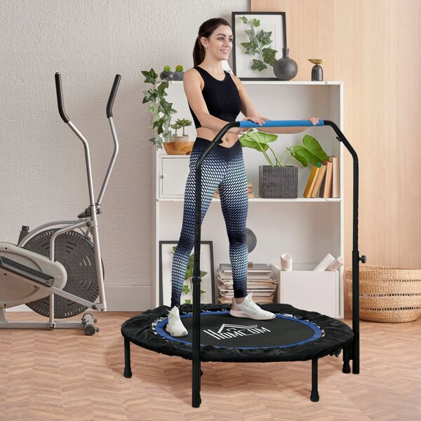 HOMCOM 102 cm Fitness Trampolína, Skládací Mini Trampolína s Čtyřnásobně Nastavitelným Řídítkem, Fitness Rebounder pro Dospělé, do 100 kg, Černá+Modrá