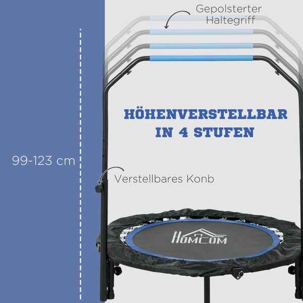 HOMCOM 102 cm Fitness Trampolína, Skládací Mini Trampolína s Čtyřnásobně Nastavitelným Řídítkem, Fitness Rebounder pro Dospělé, do 100 kg, Černá+Modrá