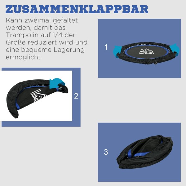 HOMCOM 102 cm Fitness Trampolína, Skládací Mini Trampolína s Čtyřnásobně Nastavitelným Řídítkem, Fitness Rebounder pro Dospělé, do 100 kg, Černá+Modrá