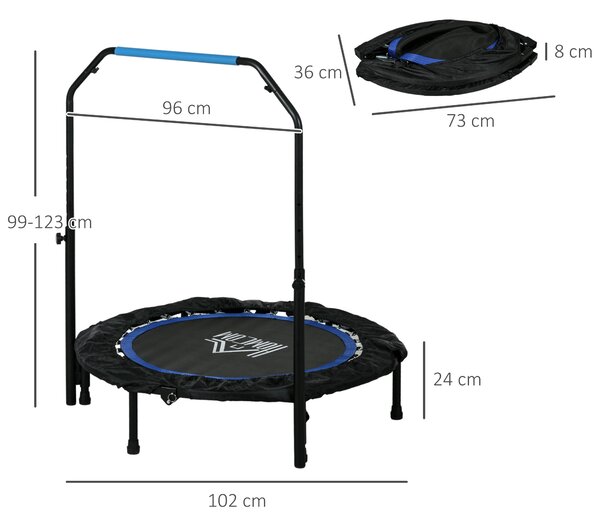 HOMCOM 102 cm Fitness Trampolína, Skládací Mini Trampolína s Čtyřnásobně Nastavitelným Řídítkem, Fitness Rebounder pro Dospělé, do 100 kg, Černá+Modrá