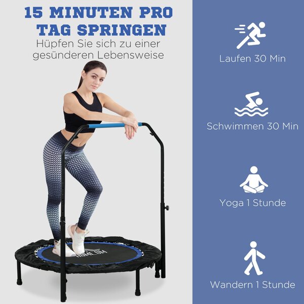 HOMCOM 102 cm Fitness Trampolína, Skládací Mini Trampolína s Čtyřnásobně Nastavitelným Řídítkem, Fitness Rebounder pro Dospělé, do 100 kg, Černá+Modrá