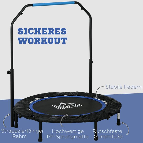 HOMCOM 102 cm Fitness Trampolína, Skládací Mini Trampolína s Čtyřnásobně Nastavitelným Řídítkem, Fitness Rebounder pro Dospělé, do 100 kg, Černá+Modrá