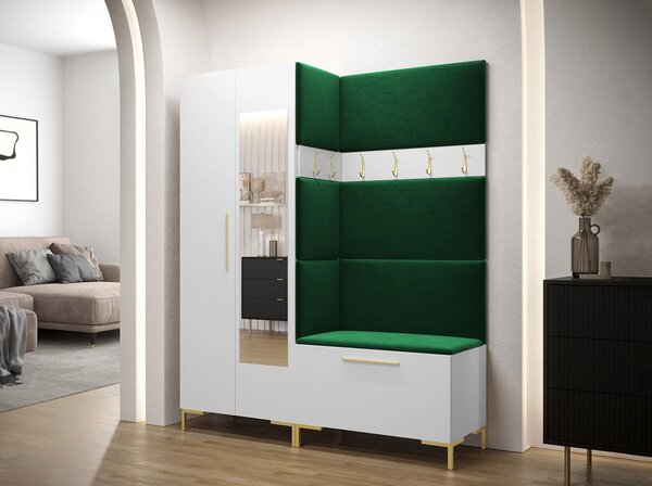 Předsíňová stěna s botníkem a čalouněnými panely ANDORA 5 - bílá / zelená