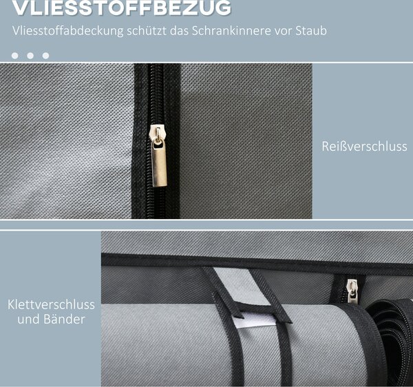 HOMCOM Textilní Šatník se 2 Tyčemi na Oblečení, 4 Policemi a Zipem, Skládací Textilní Skříň do Ložnice, Šatny, 118 x 49 x 170 cm, Světle šedá | Aosom