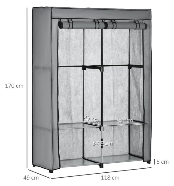 HOMCOM Textilní Šatník se 2 Tyčemi na Oblečení, 4 Policemi a Zipem, Skládací Textilní Skříň do Ložnice, Šatny, 118 x 49 x 170 cm, Světle šedá | Aosom