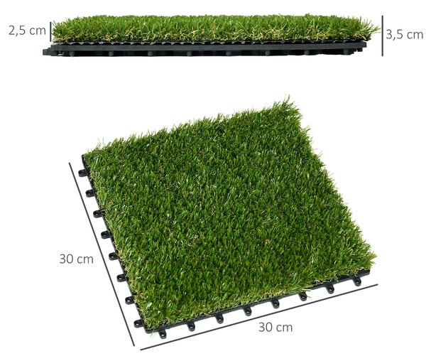 Umělá tráva Outsunny 10 kusů, koberec na trávník 30 x 30 cm, syntetická tráva pro zahradu a balkon, plastová 25 mm | Aosom