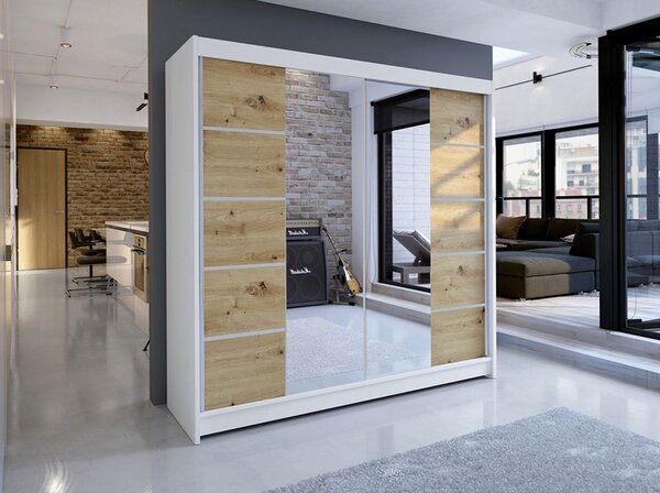 Šatní skříň 180 cm se zrcadlem a LED RGB osvětlením VILMA 5 - bílá / dub artisan