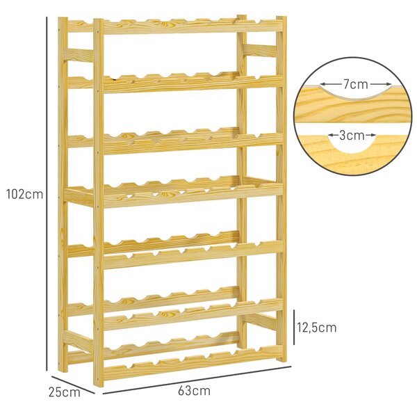 HOMCOM Stojan na víno pro 42 lahví, 7 pater, dřevěný držák s ochranou proti převržení do kuchyně, přírodní 63 x 25 x 102 cm | Aosom