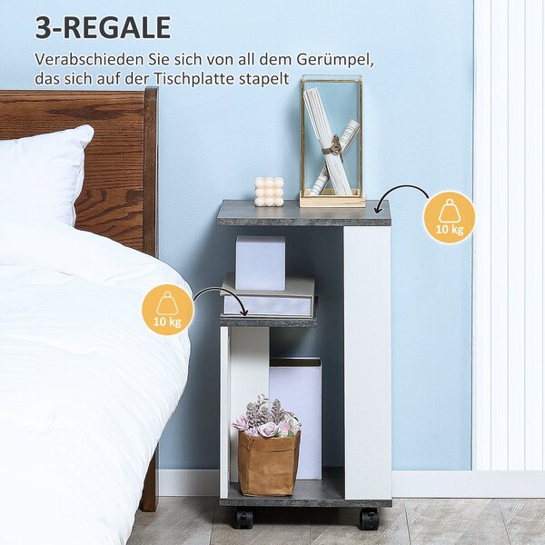 HOMCOM Noční stolek se 4 kolečky - Moderní design s 3 policemi do ložnice nebo obývacího pokoje - Šedý a bílý 35 x 29,5 x 65,5 cm | Aosom