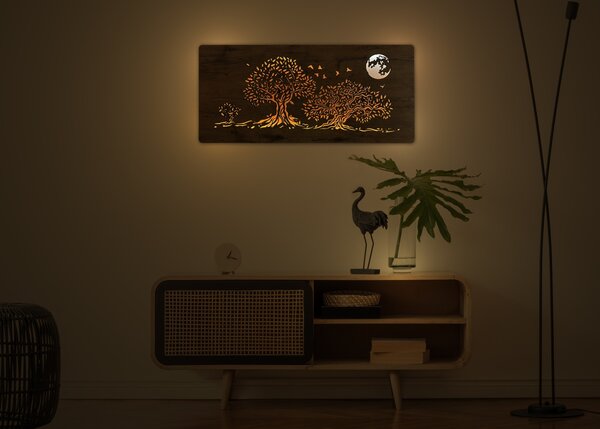 "Tři duby a měsíc" světelný obraz 230V 90x40cm provedení povrchu: ořech