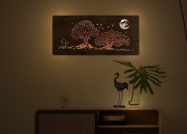 "Tři duby a měsíc" světelný obraz 230V 90x40cm provedení povrchu: ořech