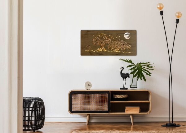 "Tři duby a měsíc" světelný obraz 230V 90x40cm provedení povrchu: ořech